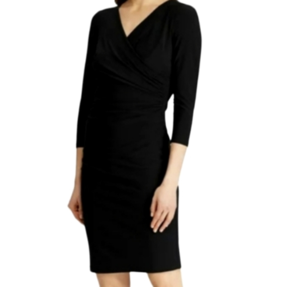 Lauren Ralph Lauren‎ Womans Black Fitted Vneck Ruched Dress Size 10